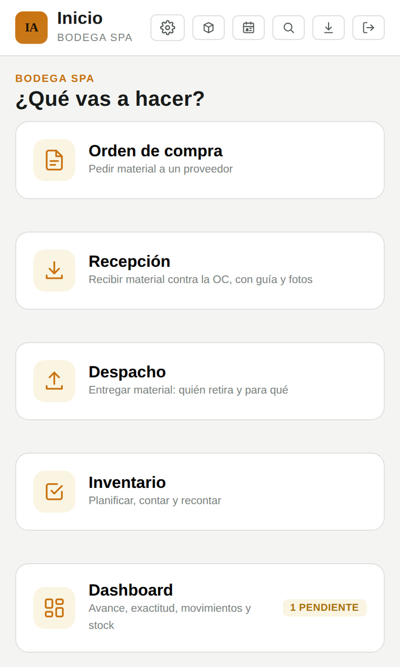 Pantalla de inicio del módulo Bodega de InventIA con los accesos a orden de compra, recepción, despacho, inventario y dashboard