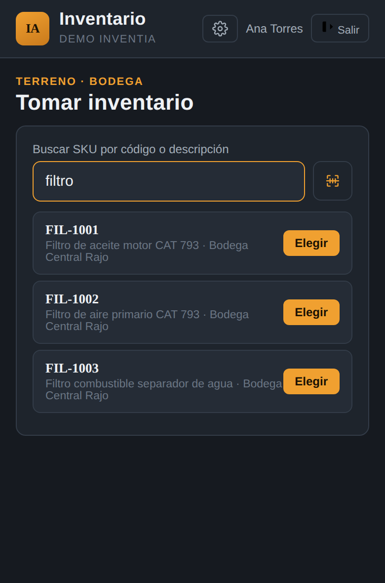 Pantalla de Tomar inventario de InventIA con buscador de SKU y botón de escáner de código de barras
