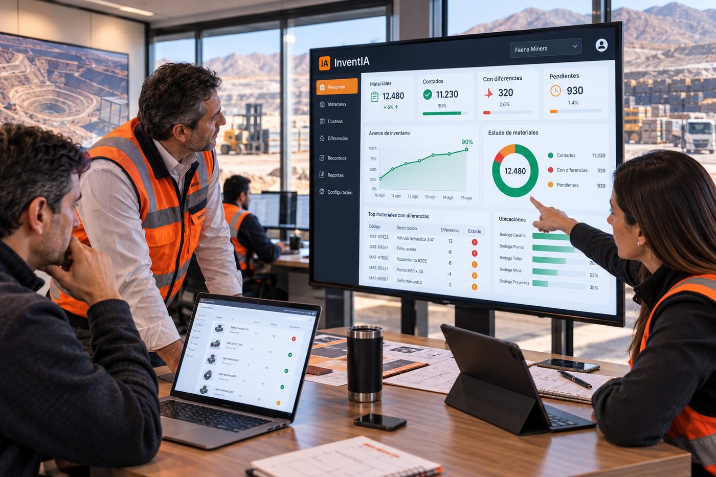 Equipo de una faena minera revisando el dashboard de InventIA en pantalla, con avance, diferencias y ranking por ubicación