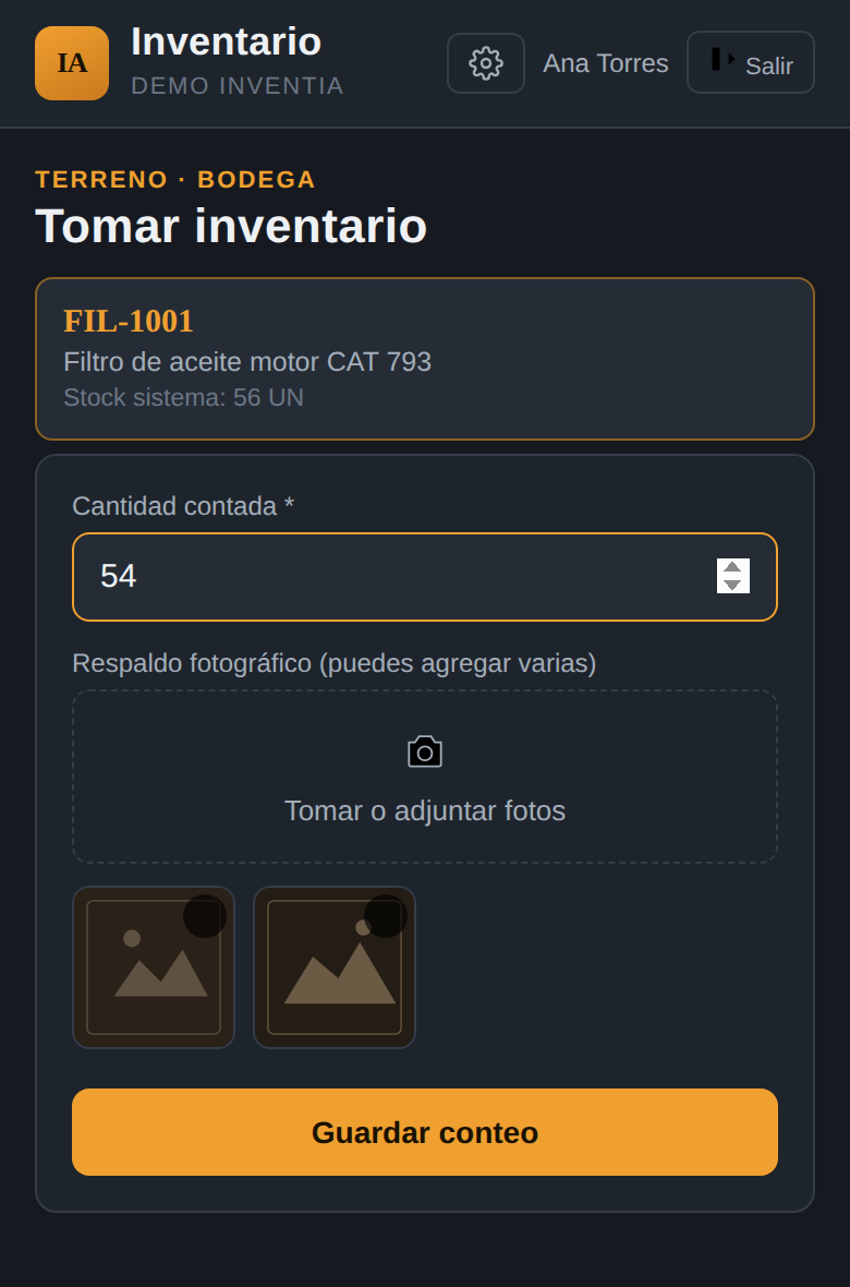 Pantalla de Tomar inventario de InventIA con dos fotos de respaldo adjuntas a un conteo
