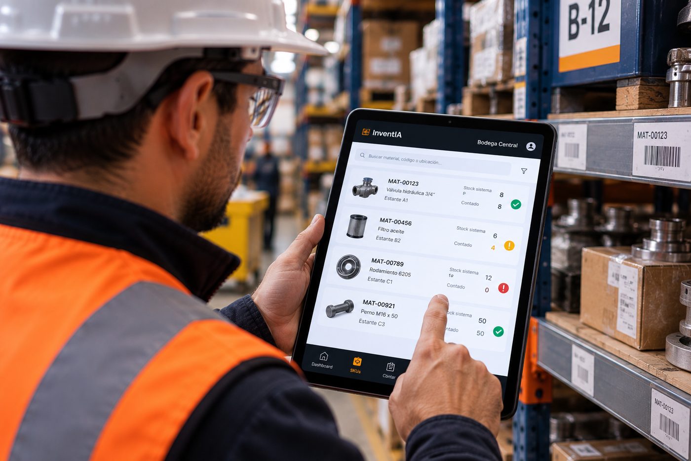 Trabajador con casco contando materiales en bodega usando InventIA en una tablet